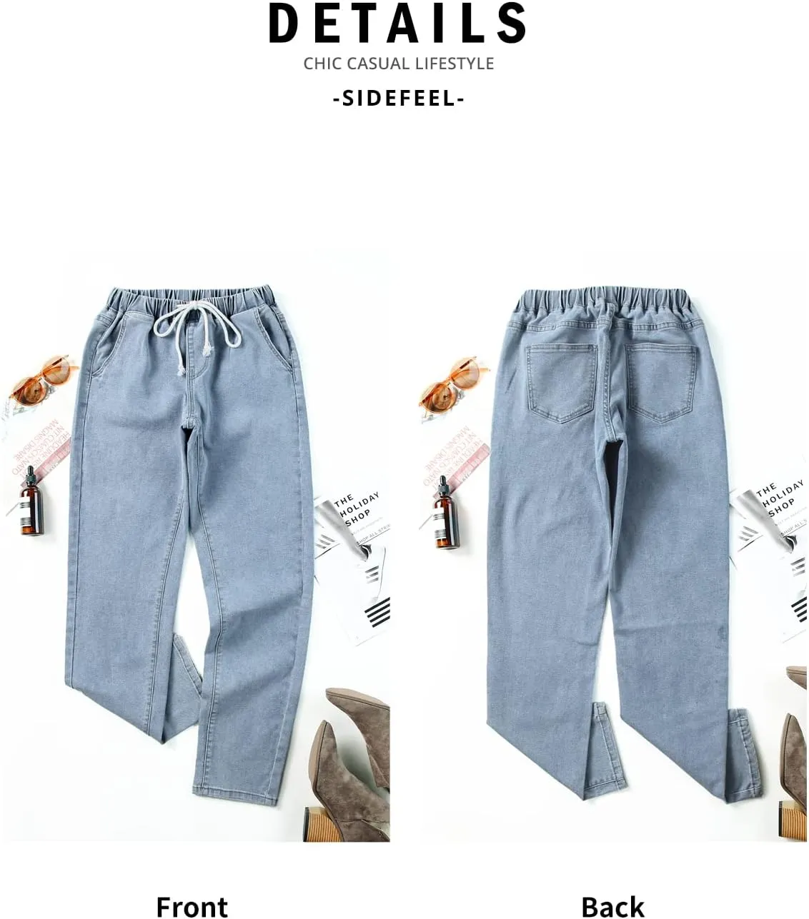 Sidefeel Women's Denim Stretch Joggers Drawstring Elastic Waist Pull On Jeans with Side Pocket