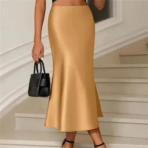 Silk Satin Skirts for Women, Office High Waist A-Line, Fashion Elegant Solid Long Pencil
