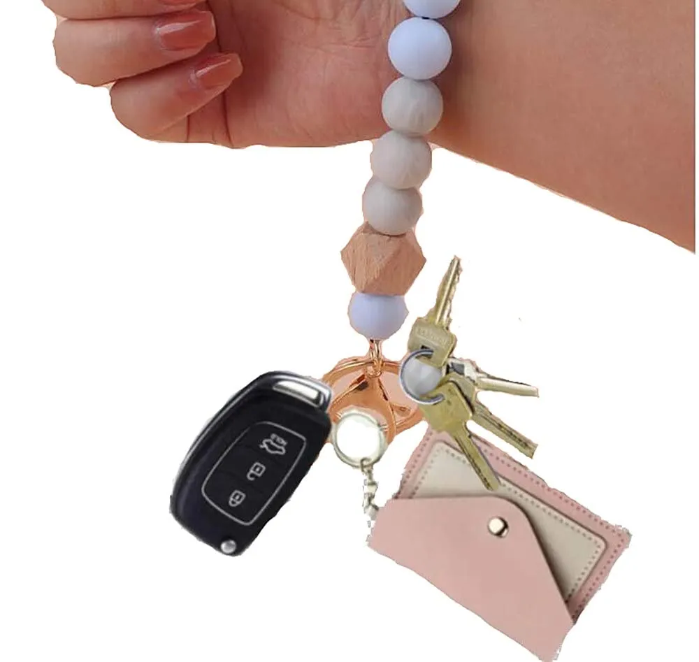Sither Silicone Keychain Ring for Women Cute Keyring Bracelet Wristlet Beaded Bangle Key Chain Car Keychain Holder for Mom Gift (blue)