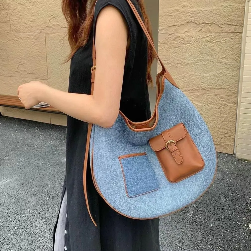 Slouchy Hobo Shoulder Bag Women Large Denim Tote Bag Casual Retro Crossbody Purse Satchels Work Handbag Underarm Purse