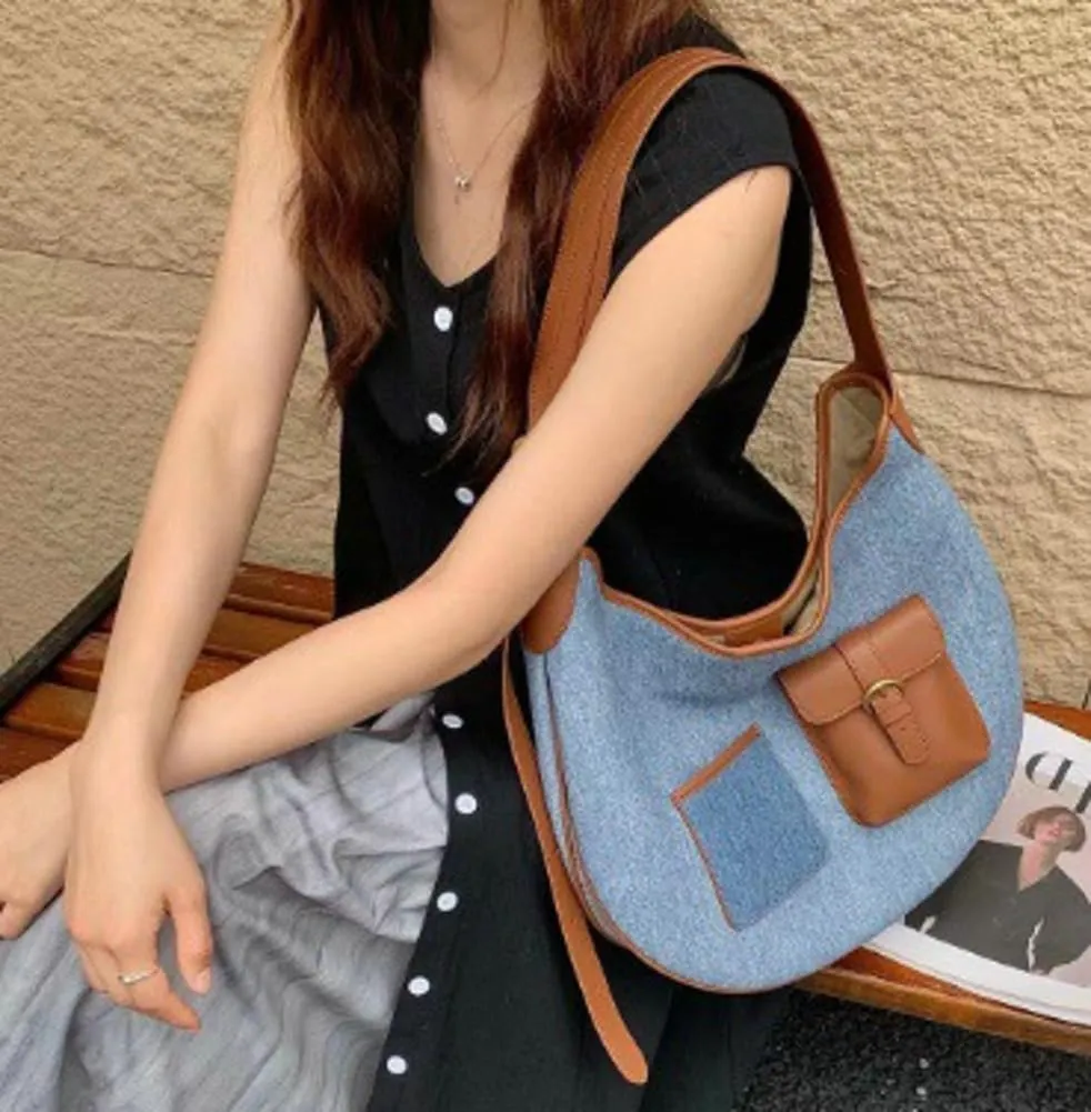 Slouchy Hobo Shoulder Bag Women Large Denim Tote Bag Casual Retro Crossbody Purse Satchels Work Handbag Underarm Purse