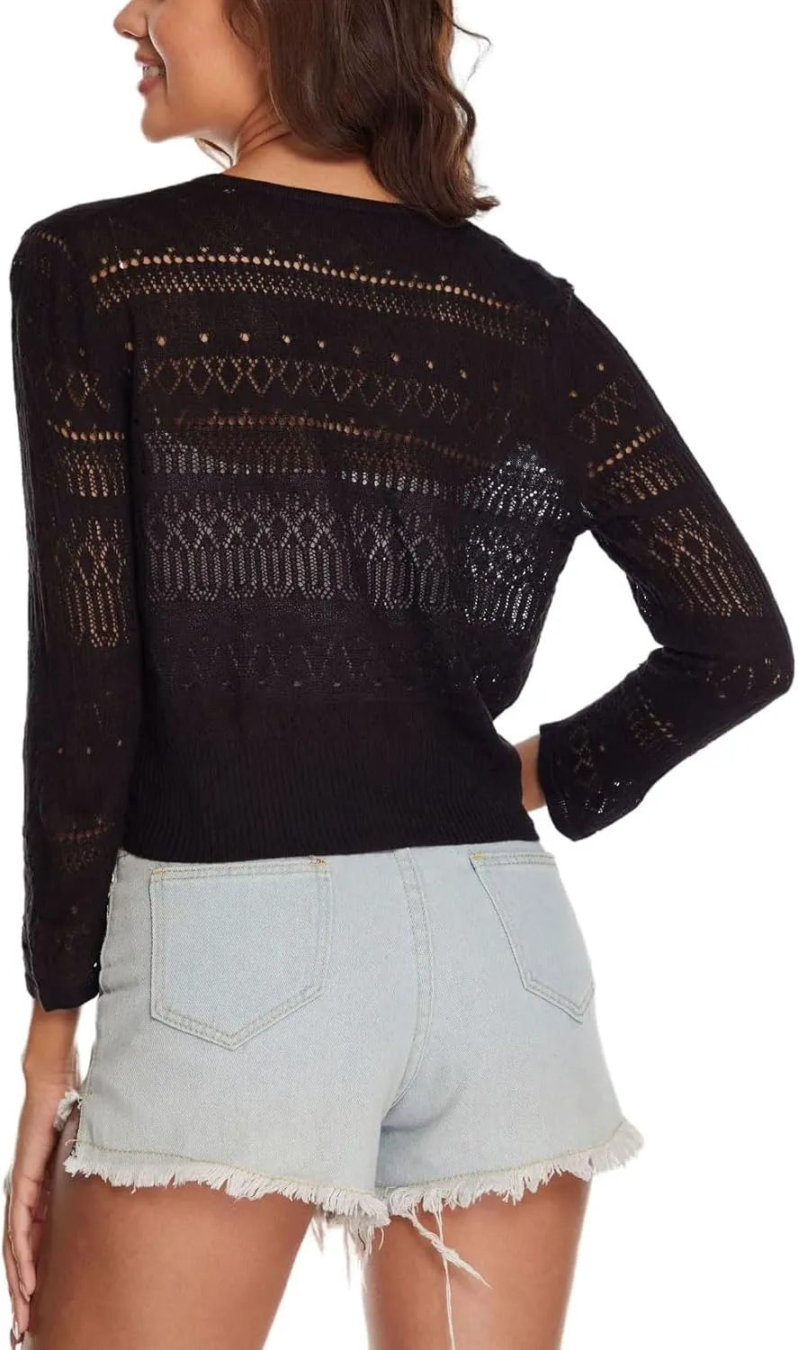 Spicy Sandia Women's Tie Front Sheer Shrug 3/4 Sleeve Crochet Cropped Cardigan Sweater for Summer Lightweight