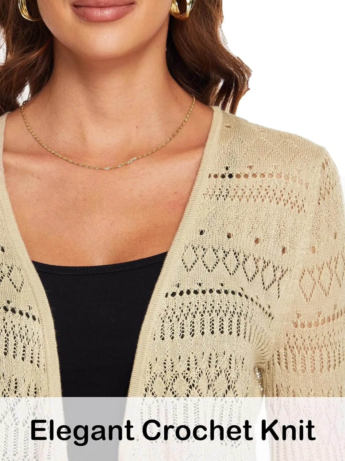 Spicy Sandia Women's Tie Front Sheer Shrug 3/4 Sleeve Crochet Cropped Cardigan Sweater for Summer Lightweight
