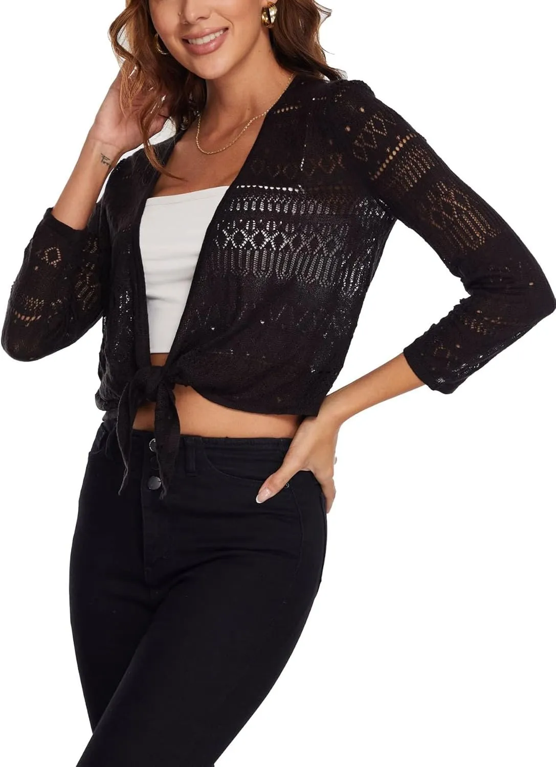 Spicy Sandia Women's Tie Front Sheer Shrug 3/4 Sleeve Crochet Cropped Cardigan Sweater for Summer Lightweight