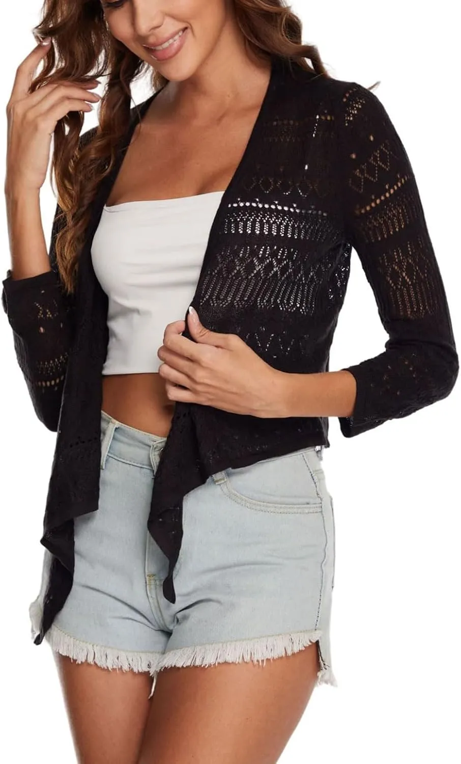Spicy Sandia Women's Tie Front Sheer Shrug 3/4 Sleeve Crochet Cropped Cardigan Sweater for Summer Lightweight