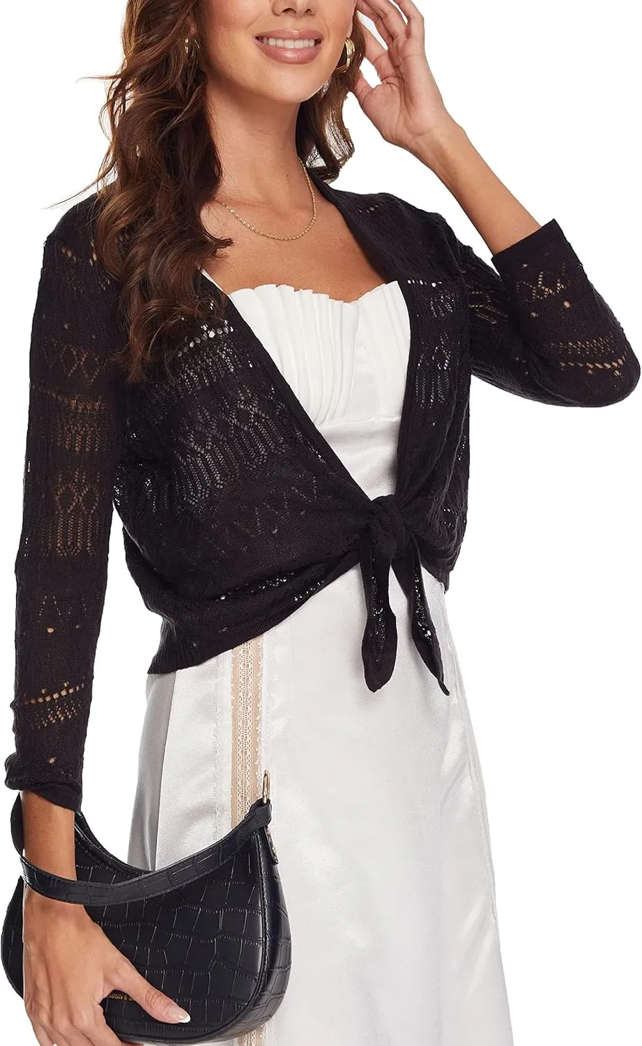 Spicy Sandia Women's Tie Front Sheer Shrug 3/4 Sleeve Crochet Cropped Cardigan Sweater for Summer Lightweight