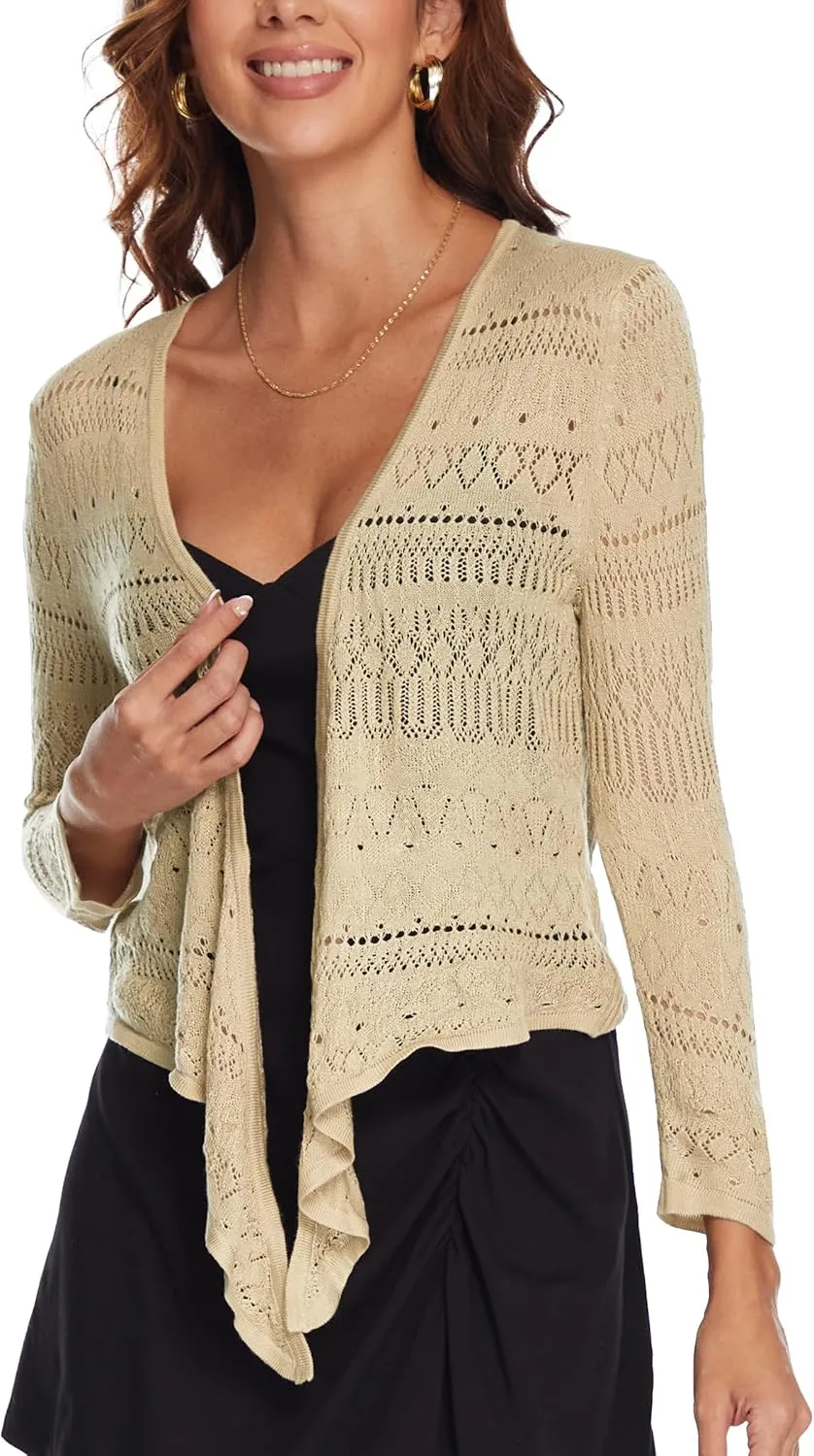 Spicy Sandia Women's Tie Front Sheer Shrug 3/4 Sleeve Crochet Cropped Cardigan Sweater for Summer Lightweight