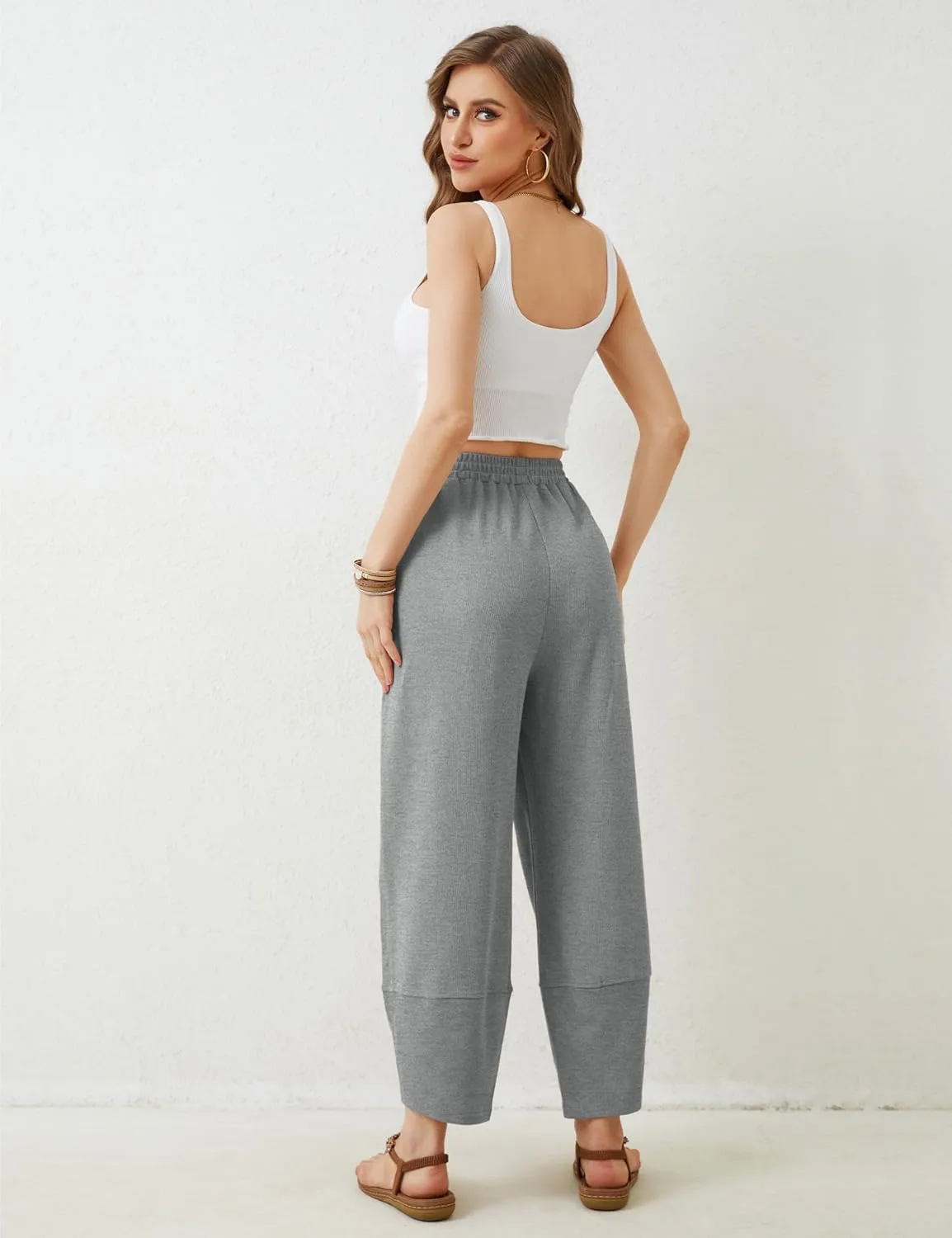 Springrain Womens Baggy Wide Leg Pants Cotton Elastic Waisted Loose Palazzo Harem Pants with Pockets