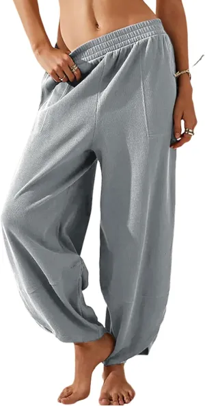 Springrain Womens Baggy Wide Leg Pants Cotton Elastic Waisted Loose Palazzo Harem Pants with Pockets