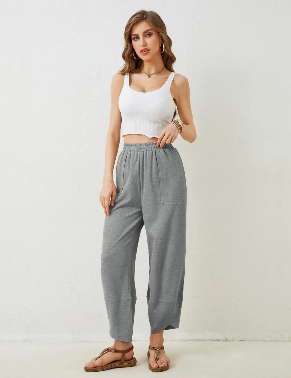 Springrain Womens Baggy Wide Leg Pants Cotton Elastic Waisted Loose Palazzo Harem Pants with Pockets