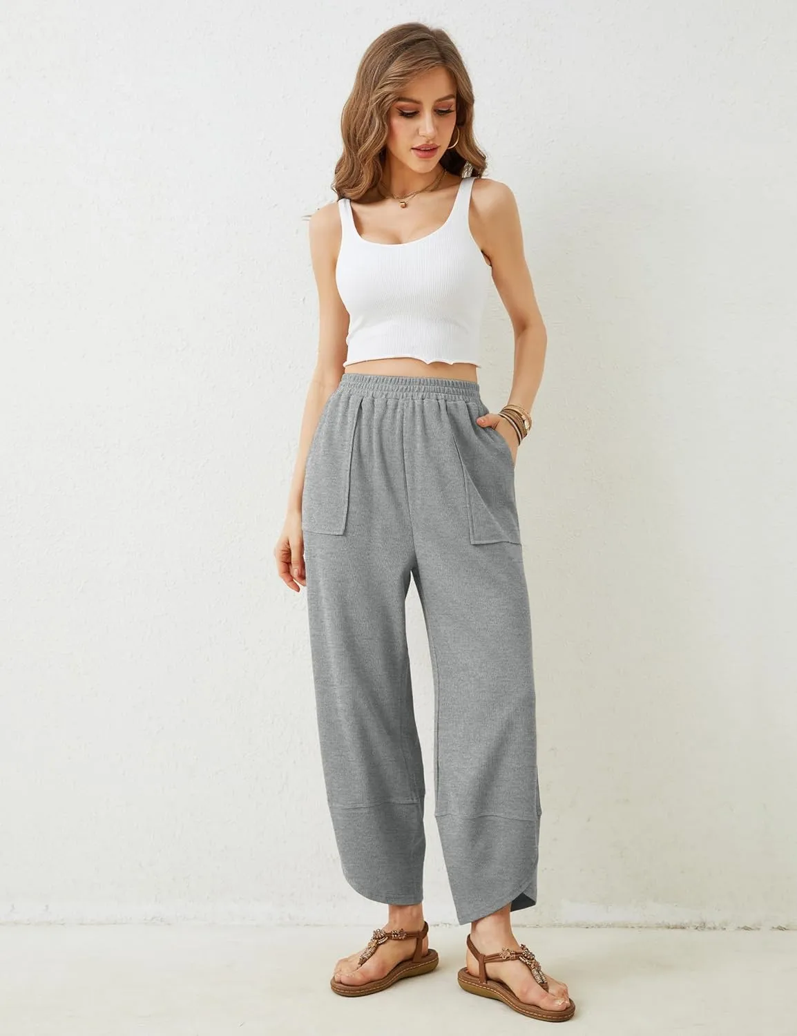 Springrain Womens Baggy Wide Leg Pants Cotton Elastic Waisted Loose Palazzo Harem Pants with Pockets