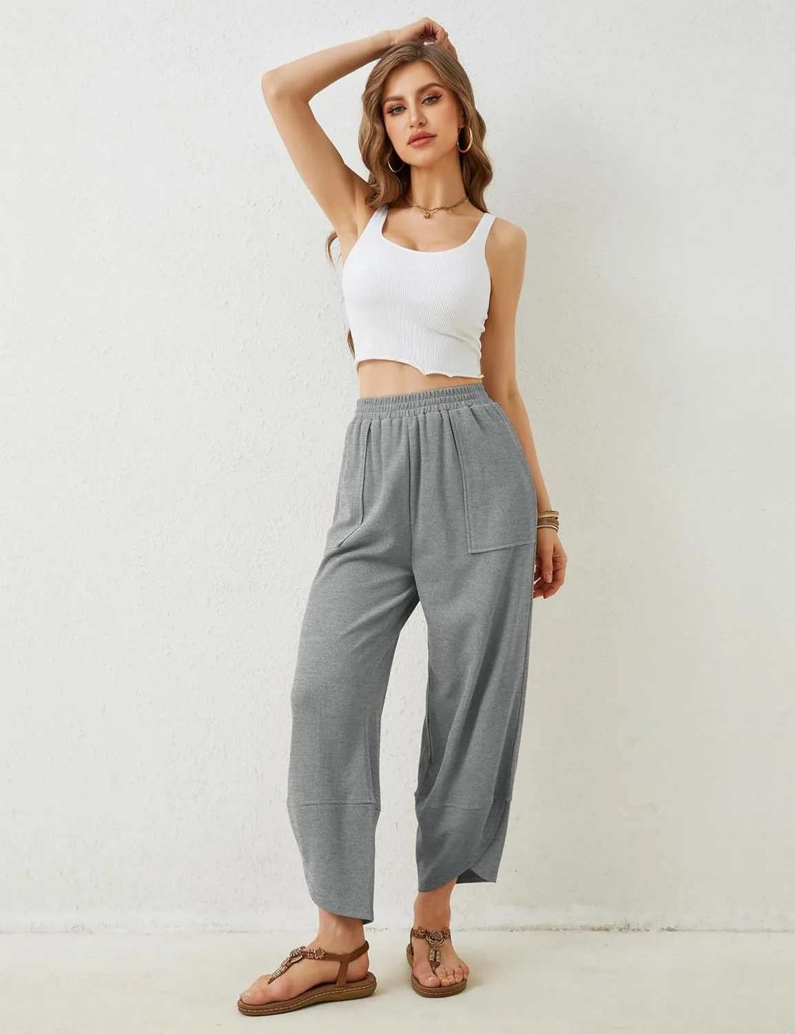 Springrain Womens Baggy Wide Leg Pants Cotton Elastic Waisted Loose Palazzo Harem Pants with Pockets