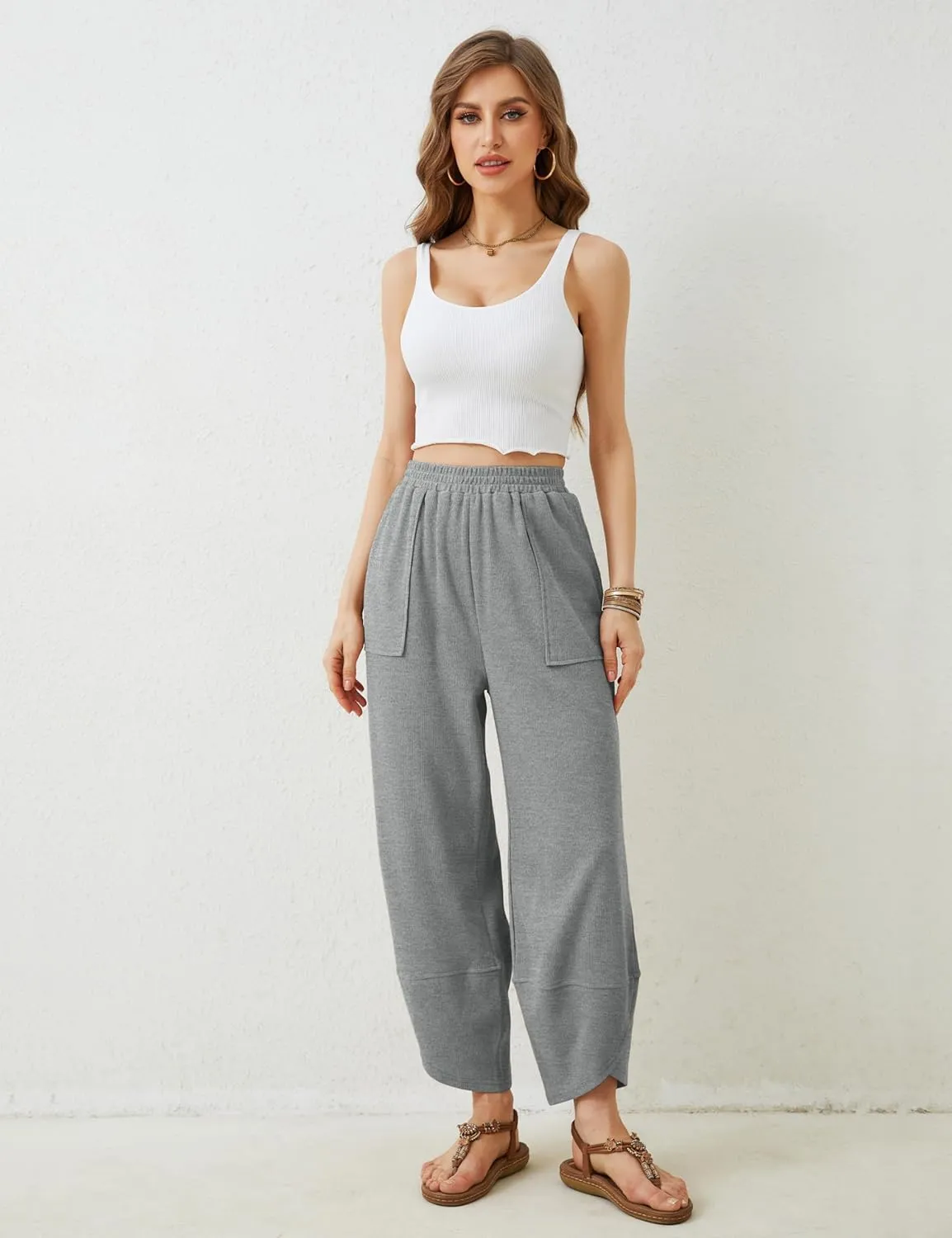 Springrain Womens Baggy Wide Leg Pants Cotton Elastic Waisted Loose Palazzo Harem Pants with Pockets