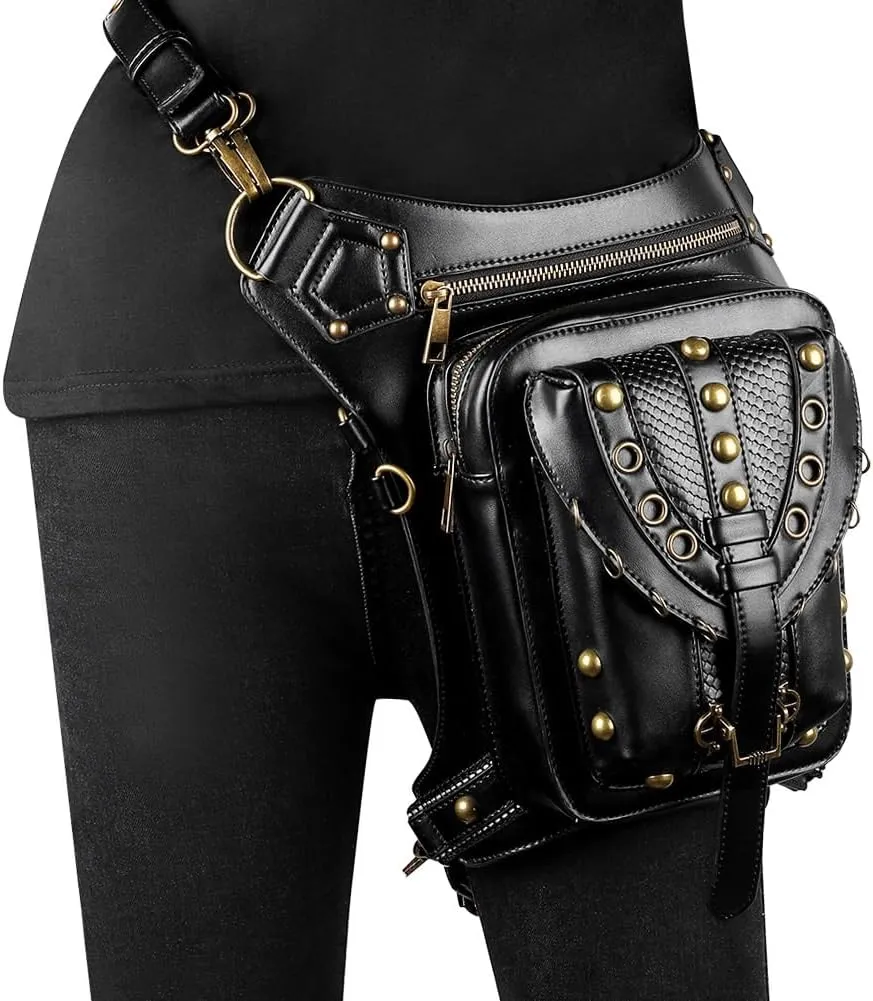 Steampunk Crossbody Leather Waist Leg Bag for Women, Black Punk Rock Motorcycle Bag Goth Shoulder Packs
