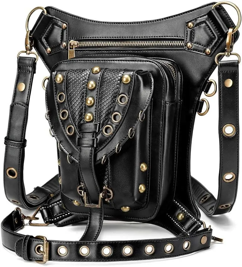 Steampunk Crossbody Leather Waist Leg Bag for Women, Black Punk Rock Motorcycle Bag Goth Shoulder Packs