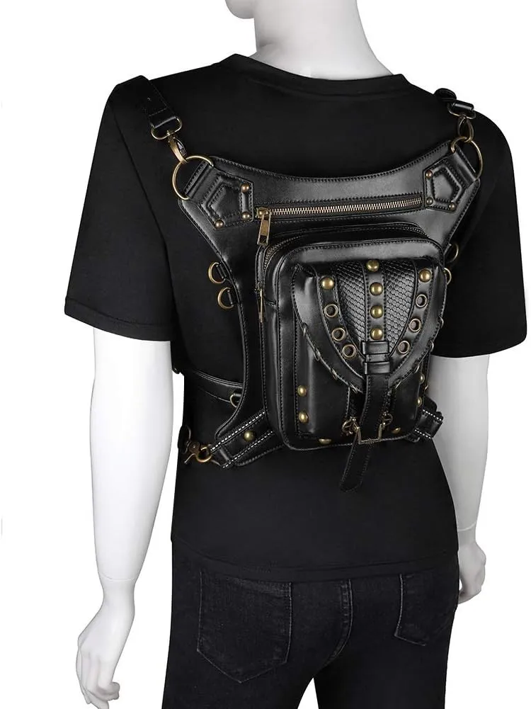 Steampunk Crossbody Leather Waist Leg Bag for Women, Black Punk Rock Motorcycle Bag Goth Shoulder Packs