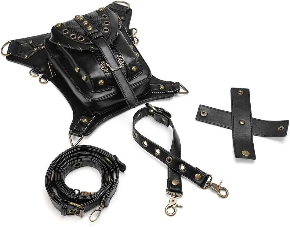Steampunk Crossbody Leather Waist Leg Bag for Women, Black Punk Rock Motorcycle Bag Goth Shoulder Packs