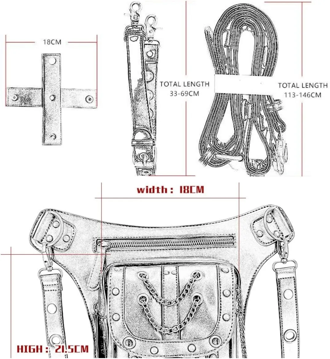 Steampunk Crossbody Leather Waist Leg Bag for Women, Black Punk Rock Motorcycle Bag Goth Shoulder Packs