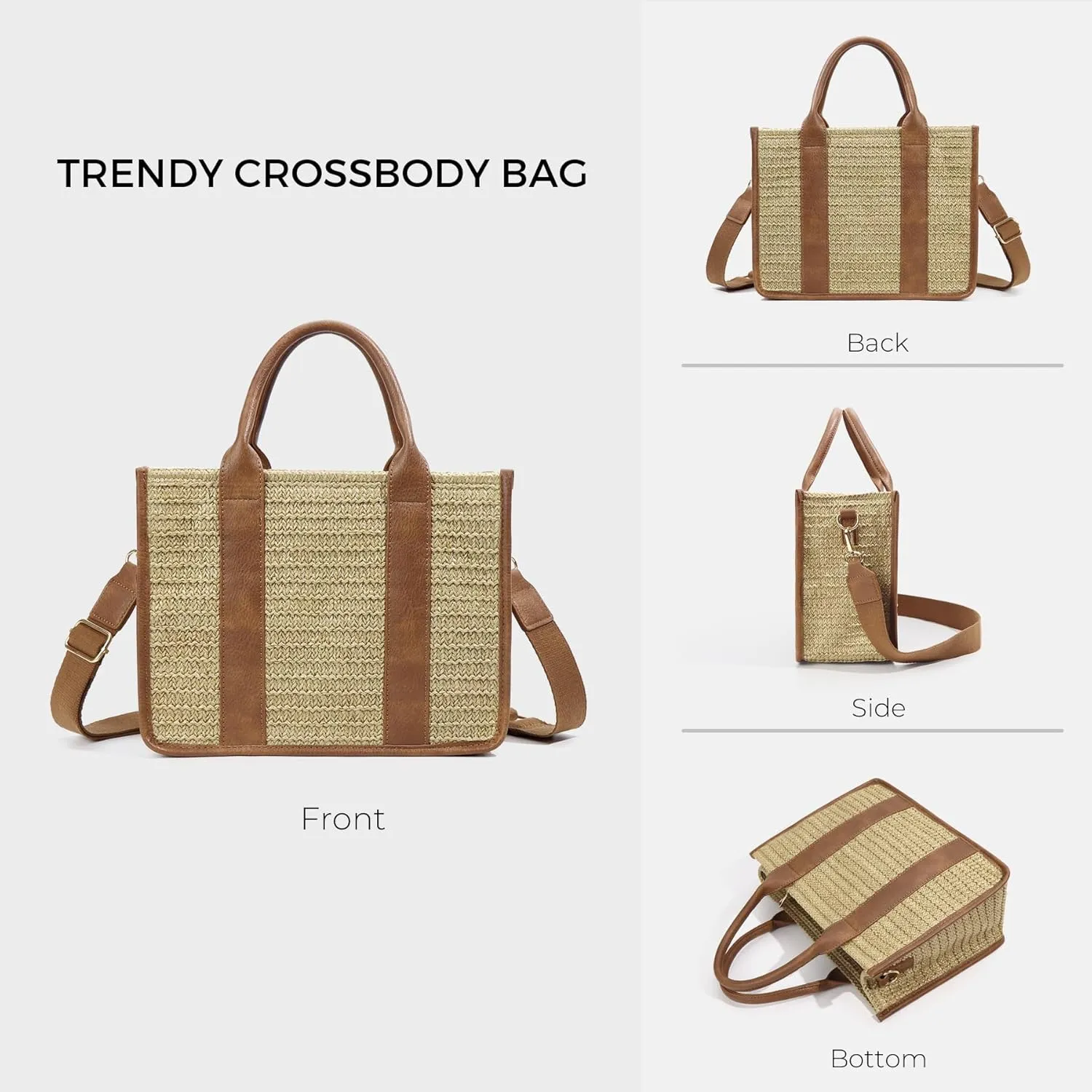 Straw Beach Tote Bag for Women, Summer Crossbody bags Boho Woven Shoulder Purse Handabg with Zip for Vacation Travel