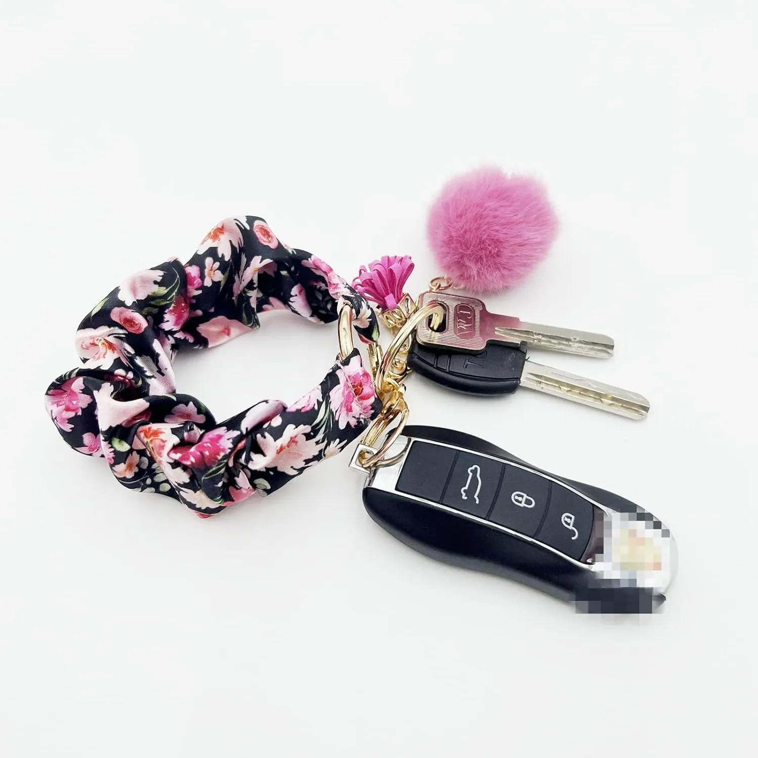 Stretchy Wrist Strap Key Chain, Elastic Scrunchie Bracelet Keys Ring Wristlet Keychain with Tassels Flower Fur Pom