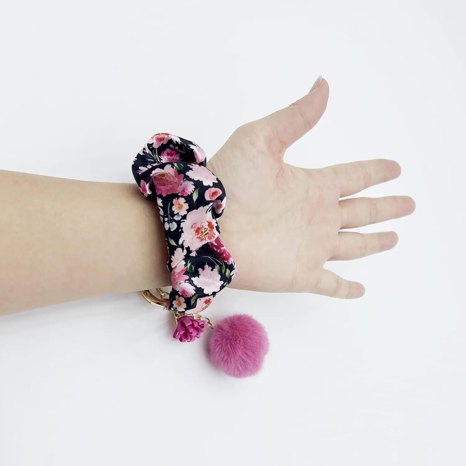 Stretchy Wrist Strap Key Chain, Elastic Scrunchie Bracelet Keys Ring Wristlet Keychain with Tassels Flower Fur Pom