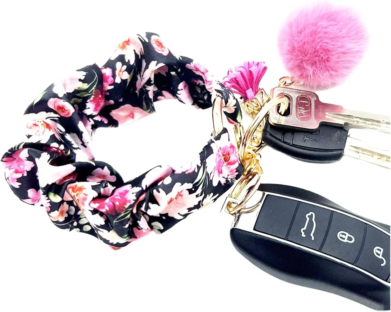 Stretchy Wrist Strap Key Chain, Elastic Scrunchie Bracelet Keys Ring Wristlet Keychain with Tassels Flower Fur Pom