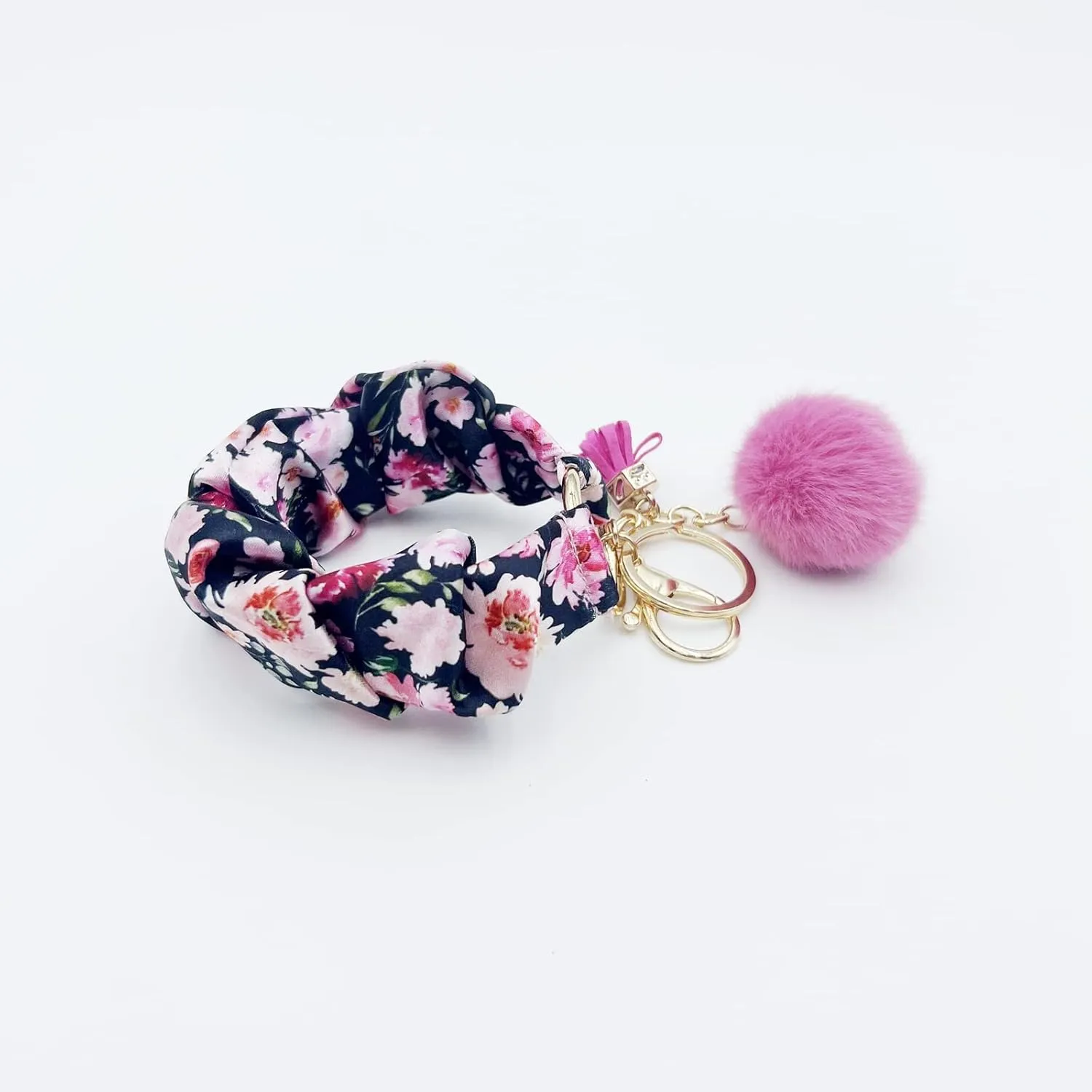 Stretchy Wrist Strap Key Chain, Elastic Scrunchie Bracelet Keys Ring Wristlet Keychain with Tassels Flower Fur Pom