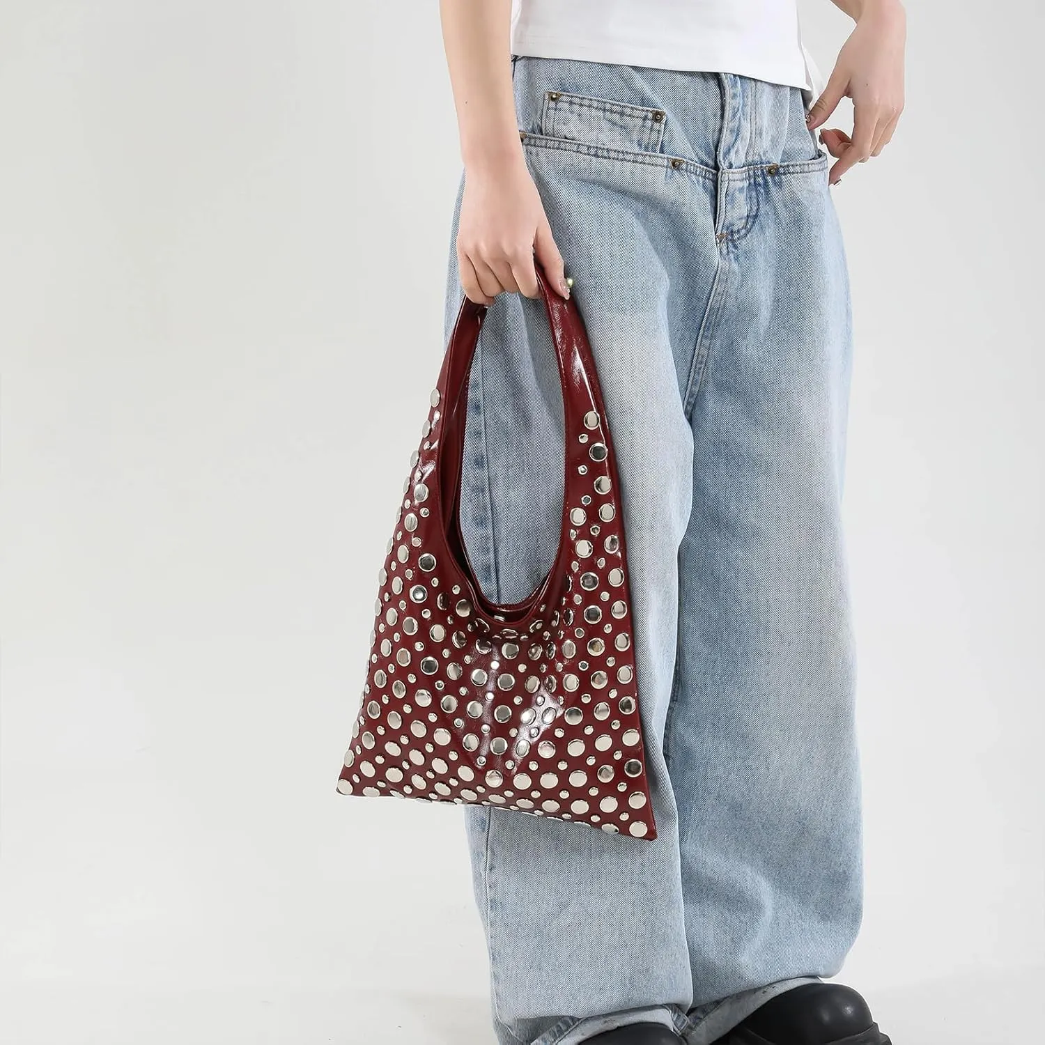 Studded Purses Y2K 90s Hobo Bags Trendy Shoulder Punk Handbag Soft Faux Leather Underarm Satchels Tote Handbags
