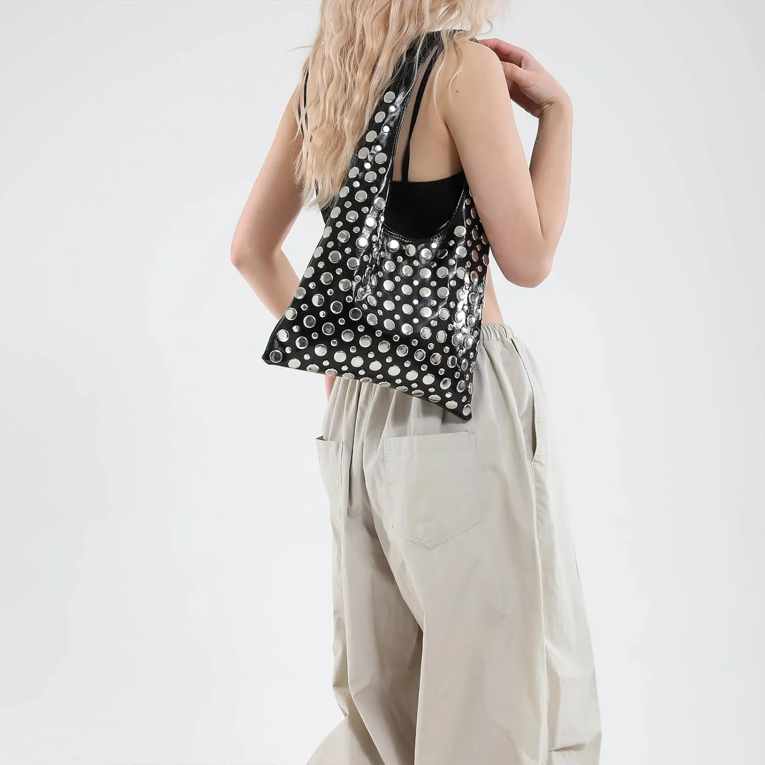 Studded Purses Y2K 90s Hobo Bags Trendy Shoulder Punk Handbag Soft Faux Leather Underarm Satchels Tote Handbags