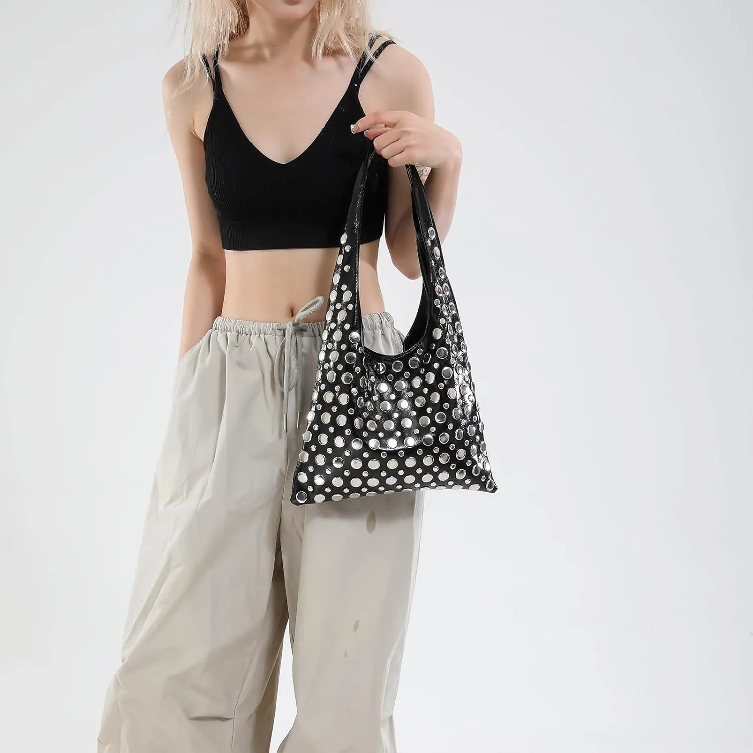 Studded Purses Y2K 90s Hobo Bags Trendy Shoulder Punk Handbag Soft Faux Leather Underarm Satchels Tote Handbags