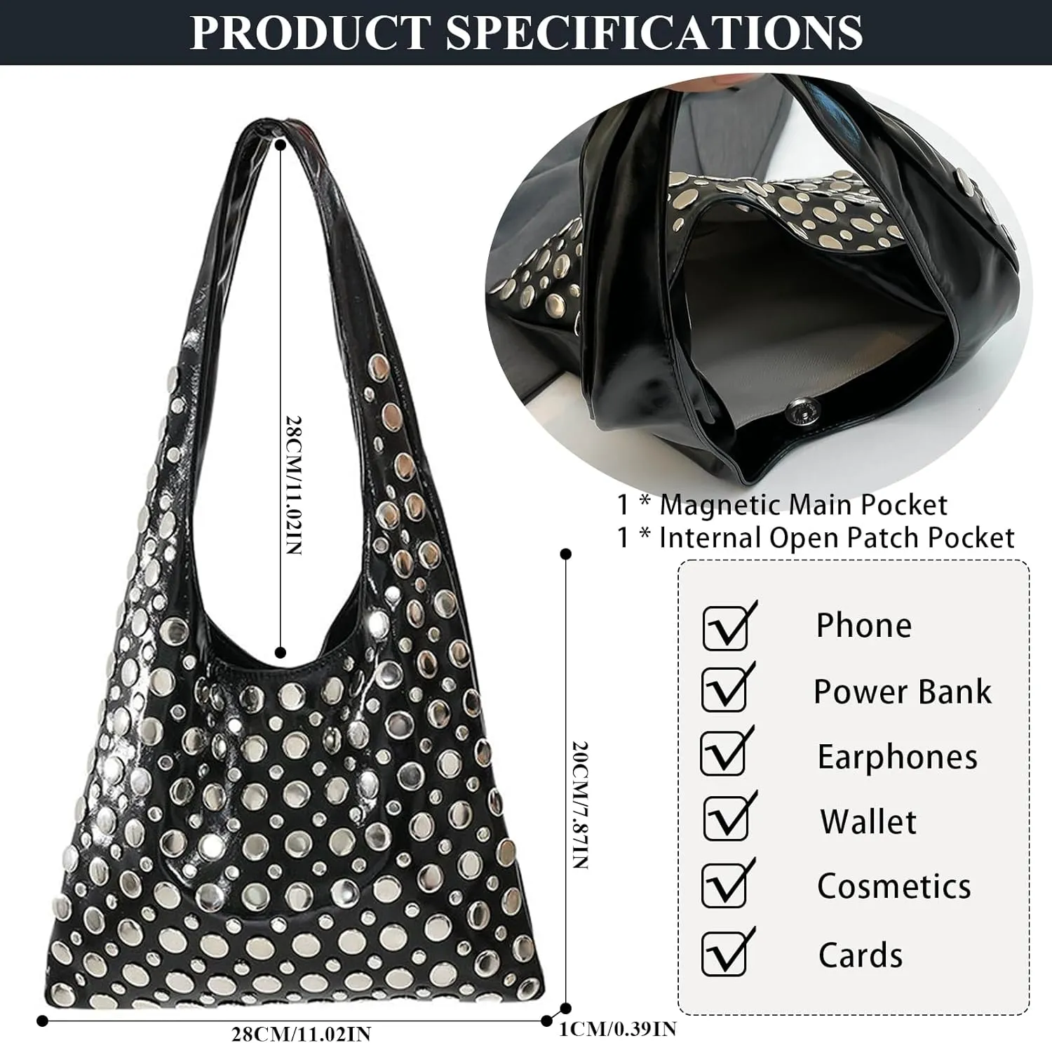 Studded Purses Y2K 90s Hobo Bags Trendy Shoulder Punk Handbag Soft Faux Leather Underarm Satchels Tote Handbags