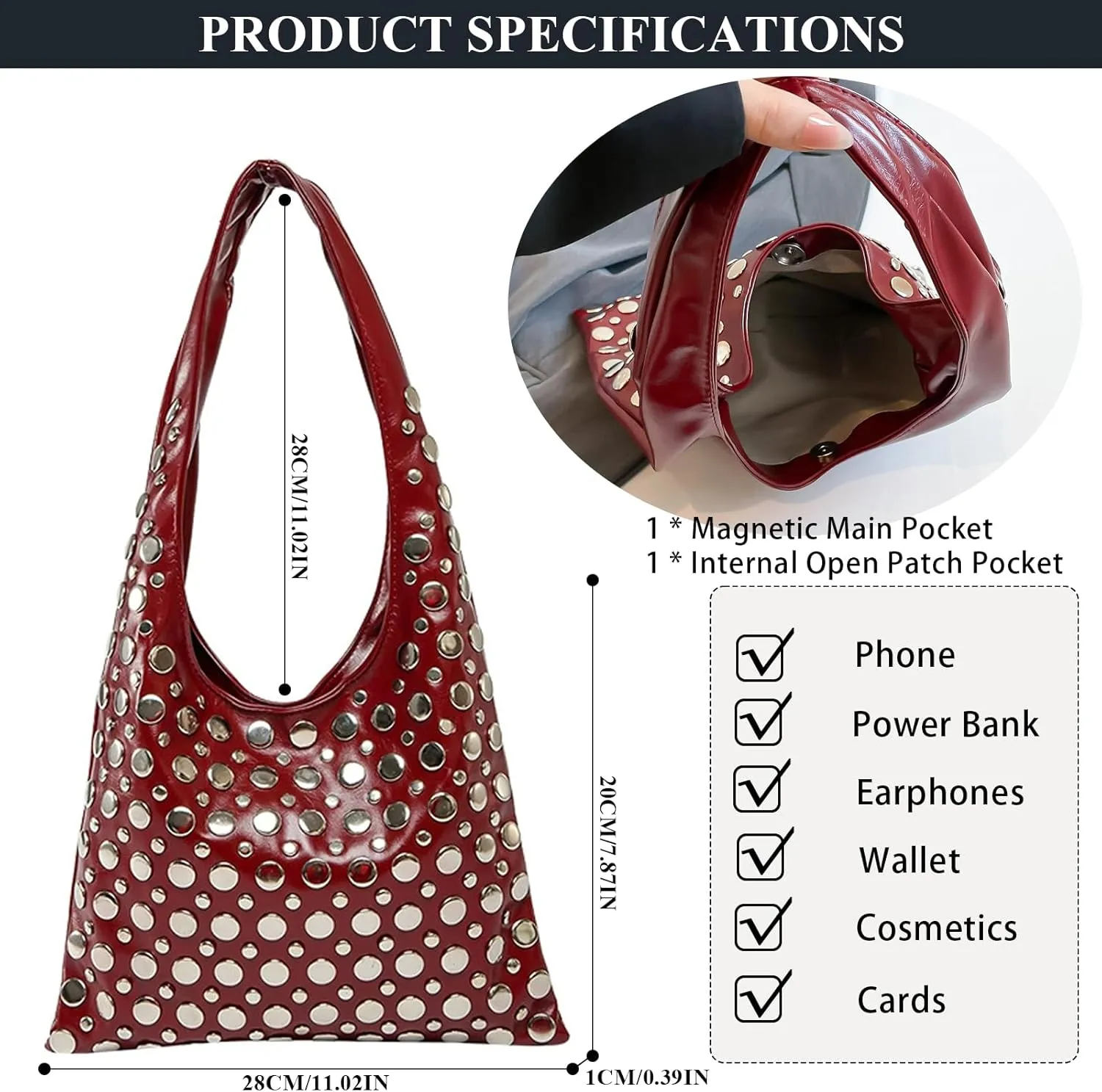 Studded Purses Y2K 90s Hobo Bags Trendy Shoulder Punk Handbag Soft Faux Leather Underarm Satchels Tote Handbags