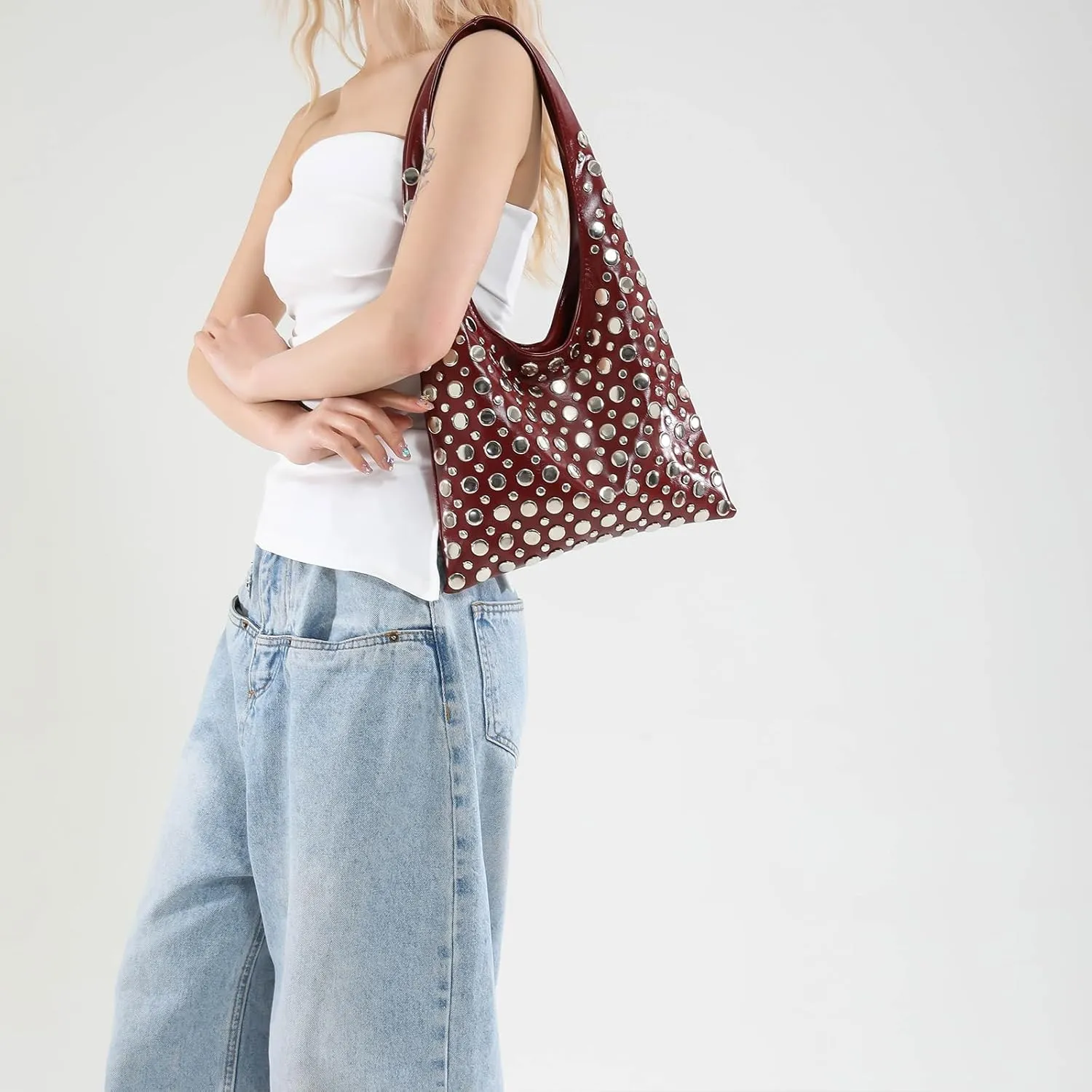 Studded Purses Y2K 90s Hobo Bags Trendy Shoulder Punk Handbag Soft Faux Leather Underarm Satchels Tote Handbags