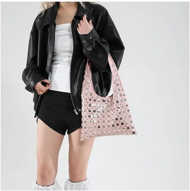 Studded Shoulder Bag for Women PU Leather Tote Bag Rivet Hobo Handbag Retro Underarm Satchels Purse