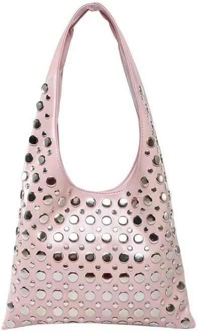 Studded Shoulder Bag for Women PU Leather Tote Bag Rivet Hobo Handbag Retro Underarm Satchels Purse