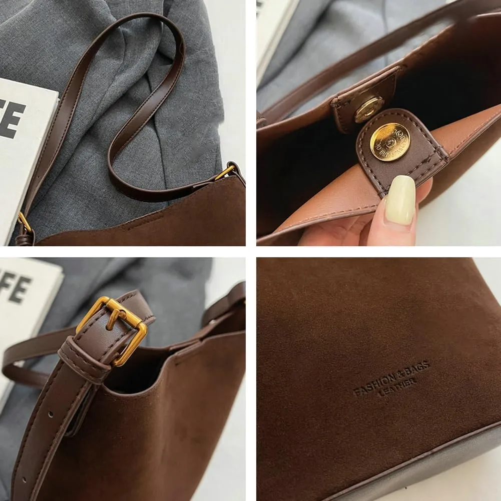 Suede Bucket Bag Shoulder Underarm Bag for Women Suede Satchels Handbag Crossbody Bag Slouchy Shoulder Bag Tote Purse
