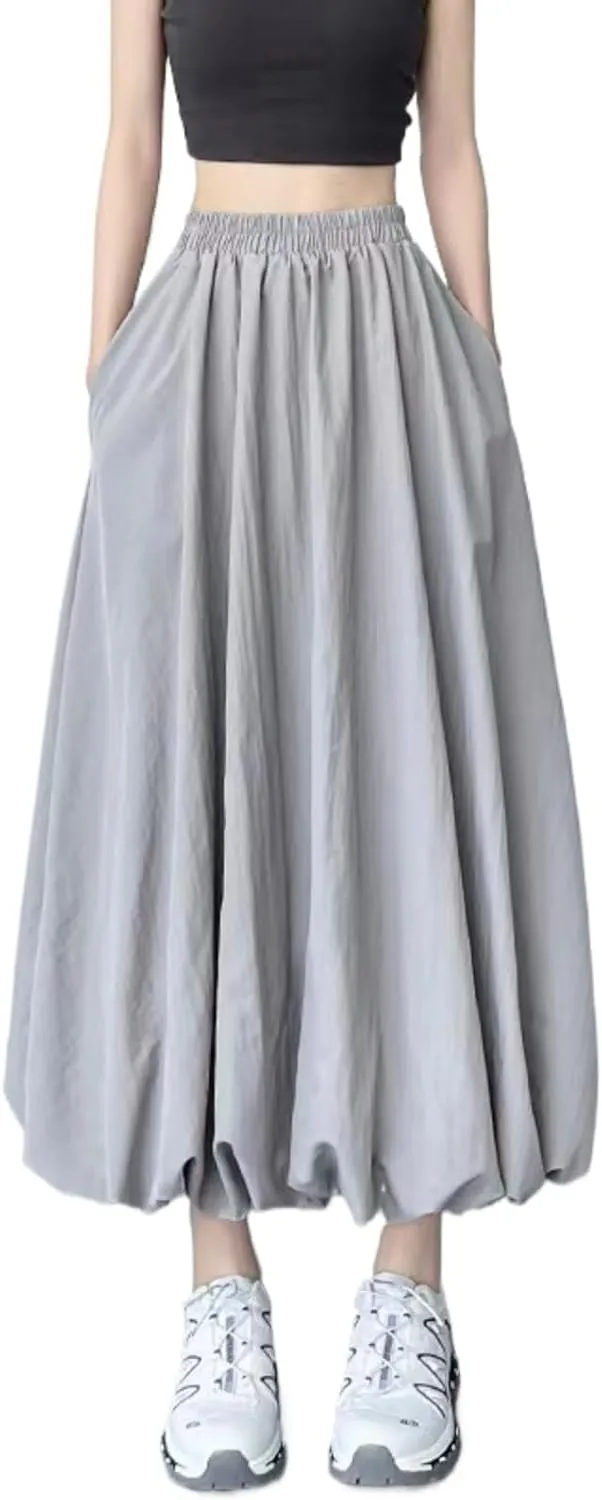 Sumleno Women 2025 Summer Bubble Maxi Skirt Ruffle Pleated Elastic Waist A-Line Long Skirt Y2k Aesthetic Midi Dress