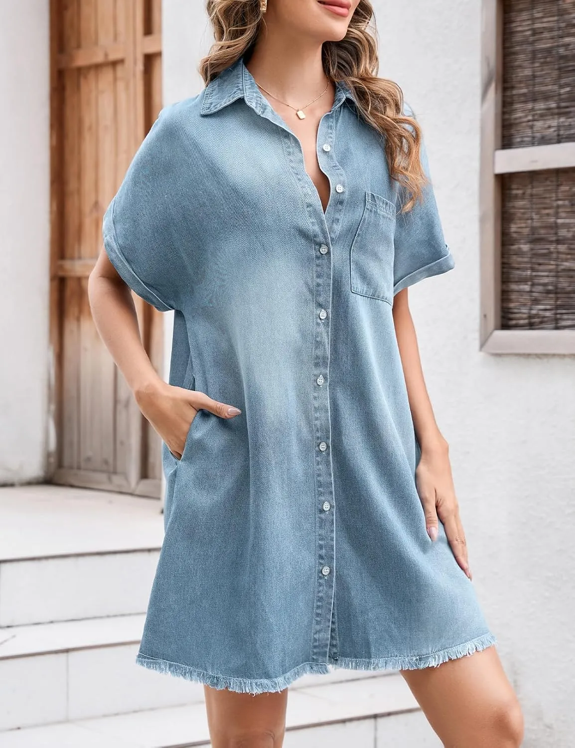 Summer Denim Dress for Women Short Sleeve Button Down Casual Western Jean Dresses