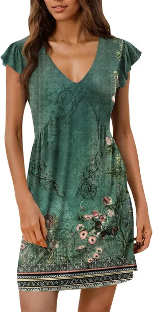 Summer Dresses for Women 2025 Boho Floral Print Ruffle Sleeve Vacation Holiday Dress V-Neck Sundress Tank Dress