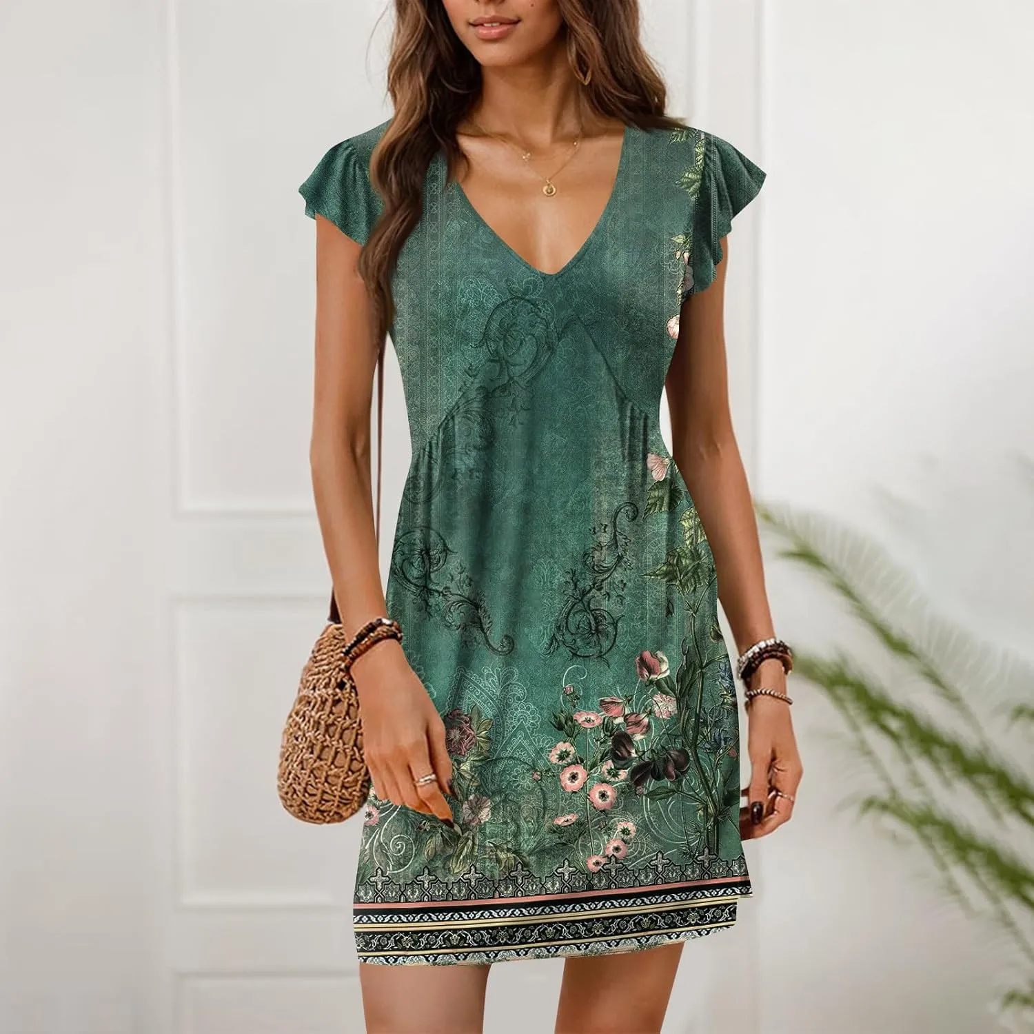 Summer Dresses for Women 2025 Boho Floral Print Ruffle Sleeve Vacation Holiday Dress V-Neck Sundress Tank Dress
