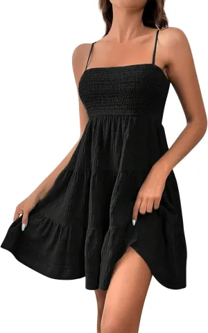 Sundresses for Women 2025 Smocked Spaghetti Strap Tiered Ruffe Mini Dress Flowy Summer Casual A Line Skater Dress
