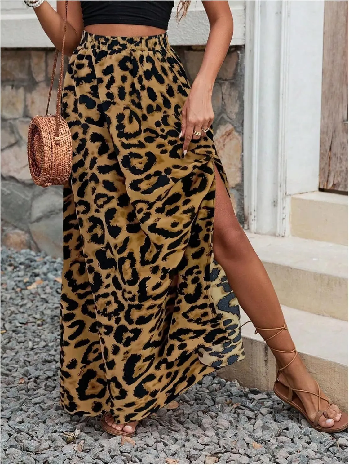 SweatyRocks Women's Boho Leopard Print Split Long Skirt High Waist A Line Skirts with Slit