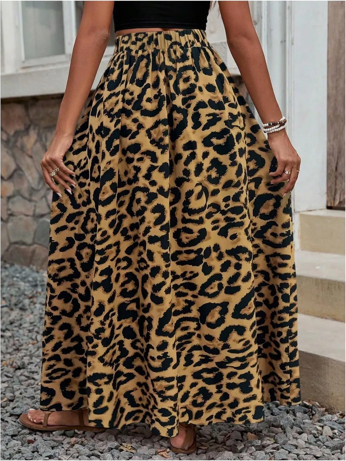 SweatyRocks Women's Boho Leopard Print Split Long Skirt High Waist A Line Skirts with Slit
