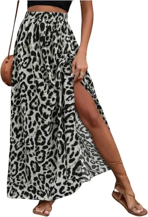 SweatyRocks Women's Boho Leopard Print Split Long Skirt High Waist A Line Skirts with Slit