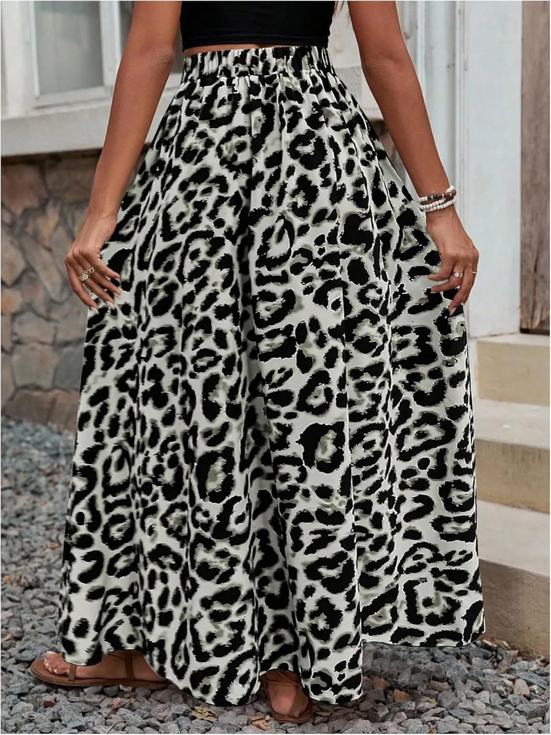 SweatyRocks Women's Boho Leopard Print Split Long Skirt High Waist A Line Skirts with Slit