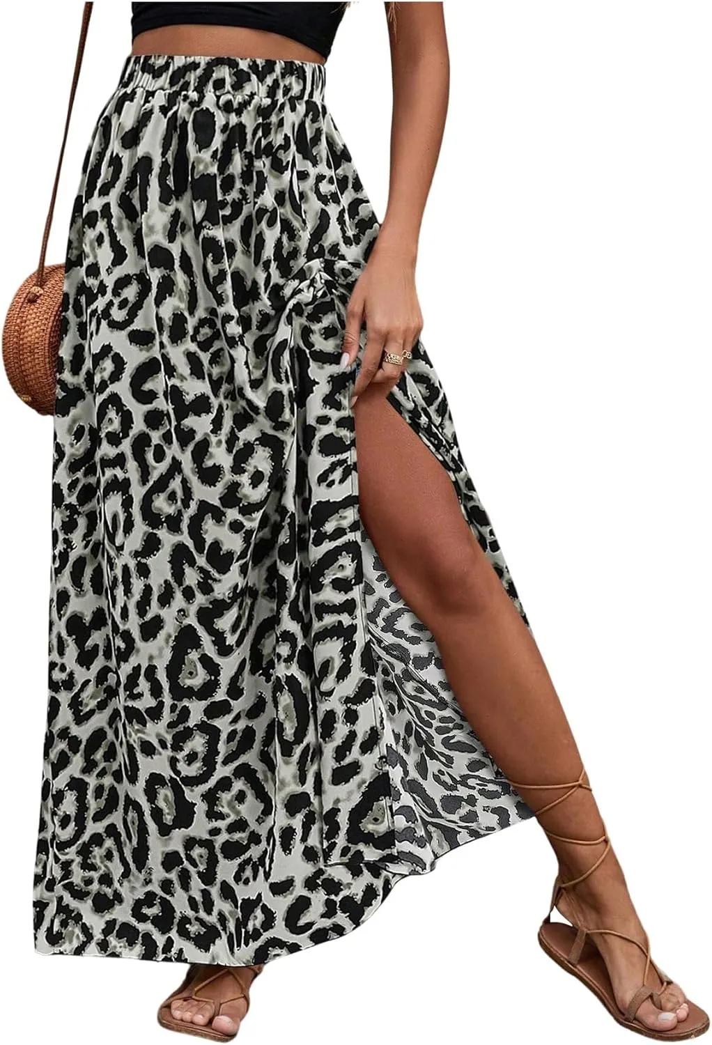SweatyRocks Women's Boho Leopard Print Split Long Skirt High Waist A Line Skirts with Slit