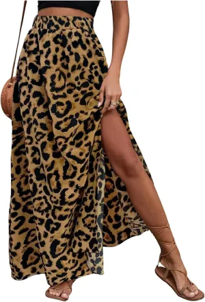SweatyRocks Women's Boho Leopard Print Split Long Skirt High Waist A Line Skirts with Slit