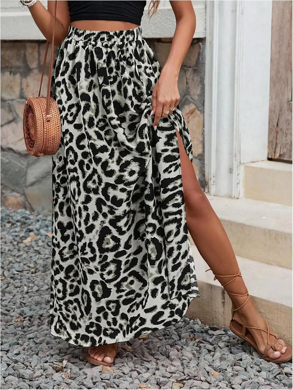 SweatyRocks Women's Boho Leopard Print Split Long Skirt High Waist A Line Skirts with Slit