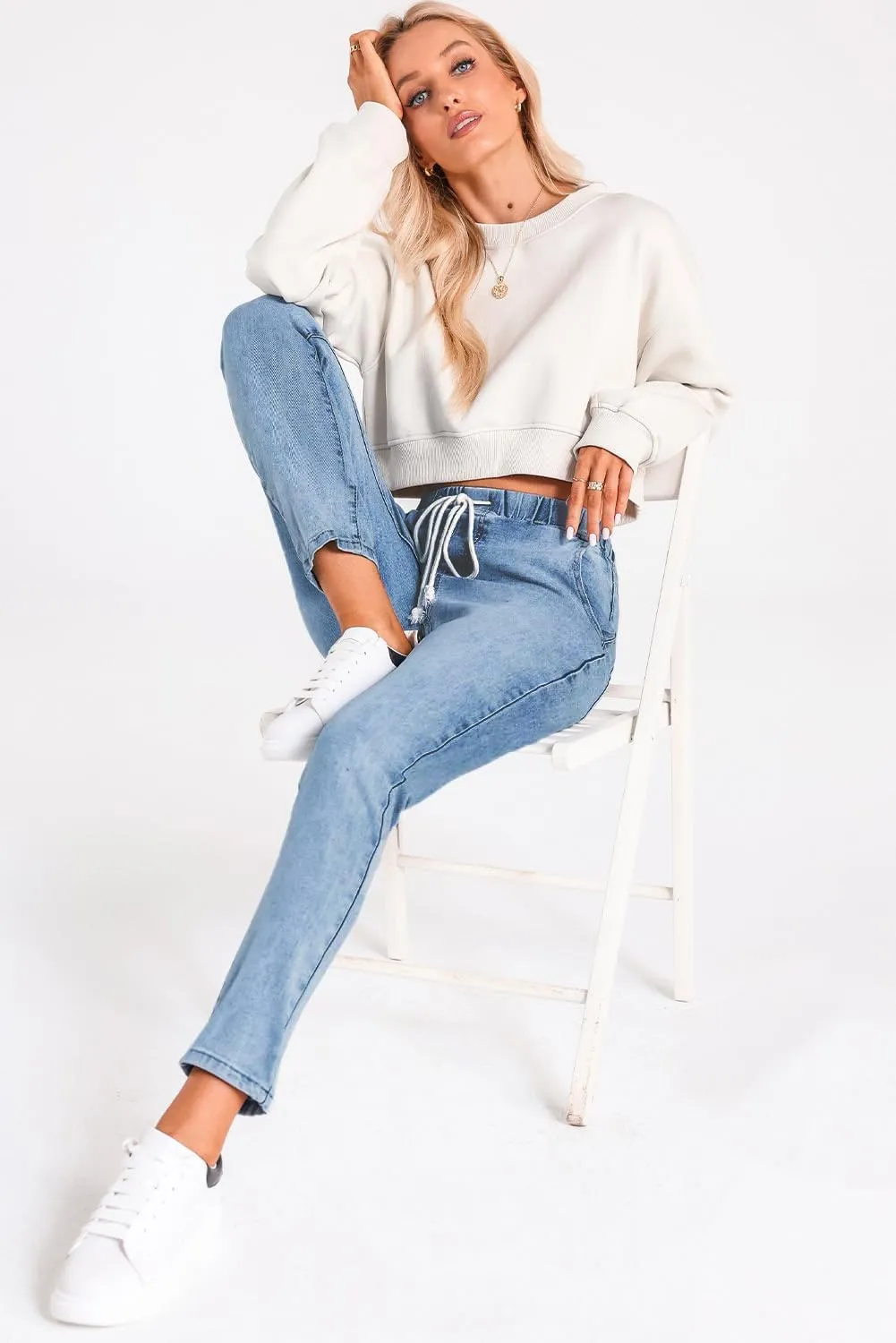 Sweezarmo Women's Pull On Solid Color Jeans Drawstring Elastic Waist Denim Stretch Joggers for Women