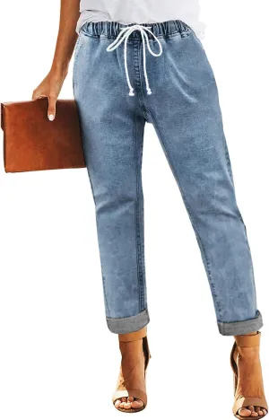 Sweezarmo Women's Pull On Solid Color Jeans Drawstring Elastic Waist Denim Stretch Joggers for Women